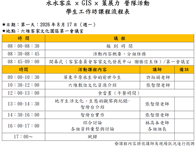 8/17水水客庄學生工作坊課程流程表