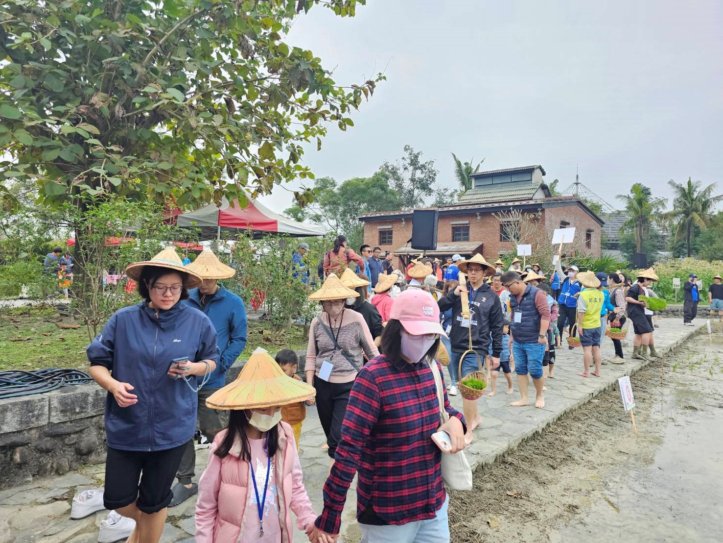 六堆園區蒔田體驗趣活動，由各小隊伍用扁擔挑著秧苗前往蒔田